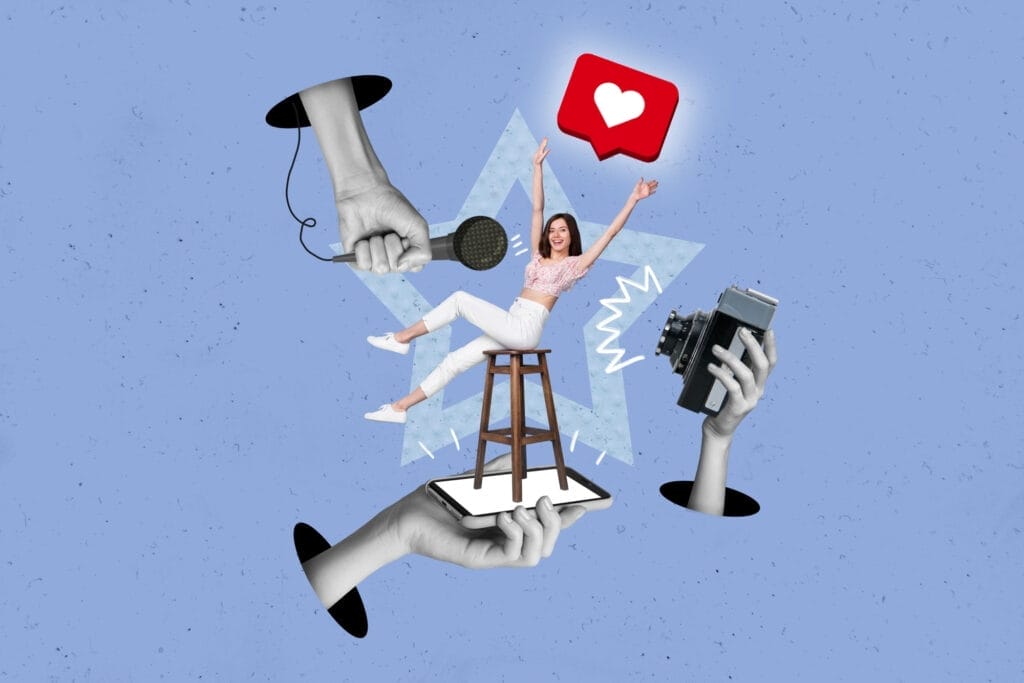 A woman sits on a stool emerging from a smartphone screen, surrounded by disembodied hands holding a microphone, camera, and a phone displaying a heart notification on a blue background—an artistic nod to digital branding in the age of intelligence artificielle.