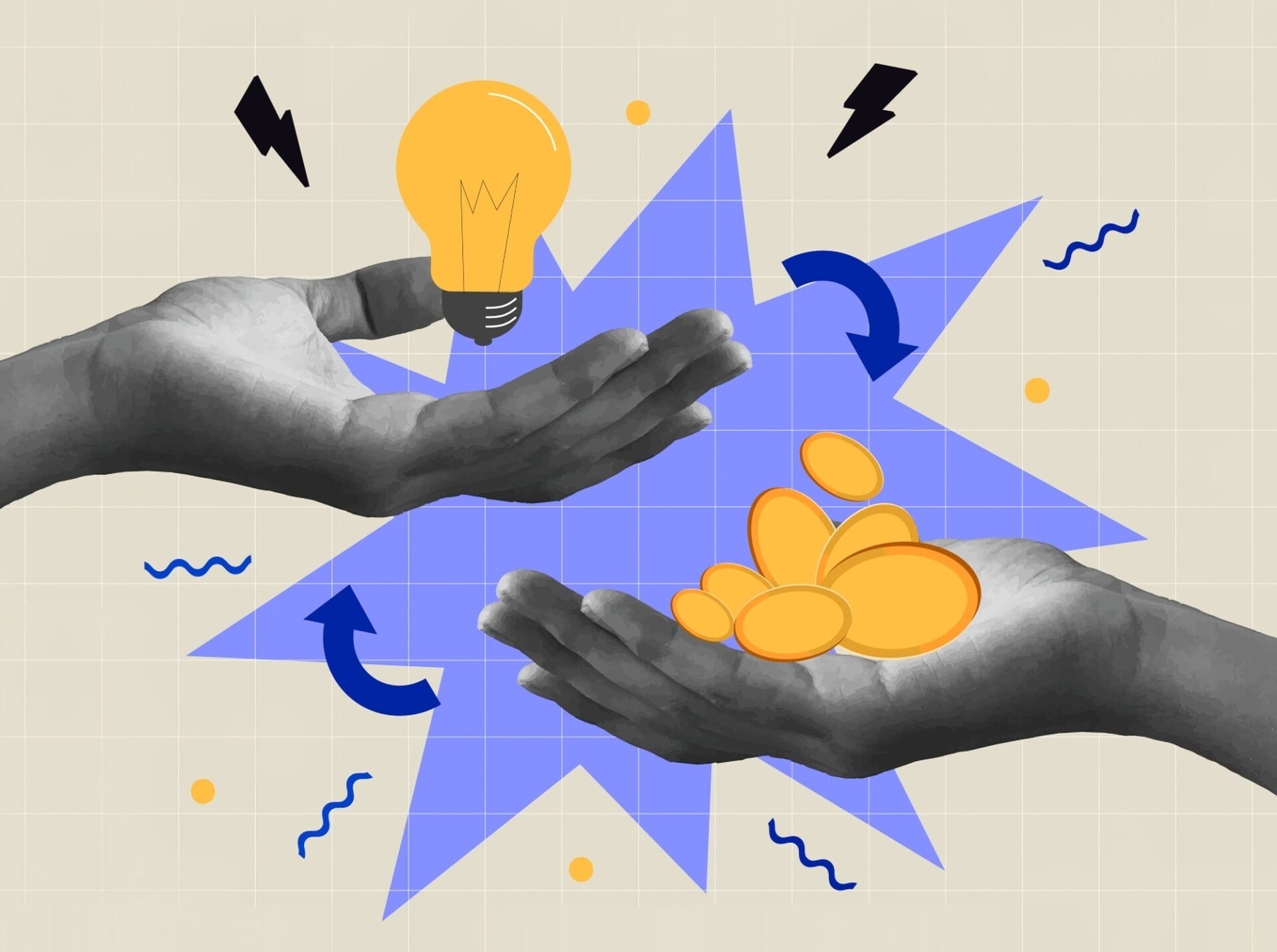 Illustration De Deux Mains&nbsp;: La Gauche Tenant Une Ampoule Et La Droite Tenant Des Pi&egrave;ces D'or, Avec Des Fl&egrave;ches Et Une &eacute;toile Bleue En Arri&egrave;re Plan.