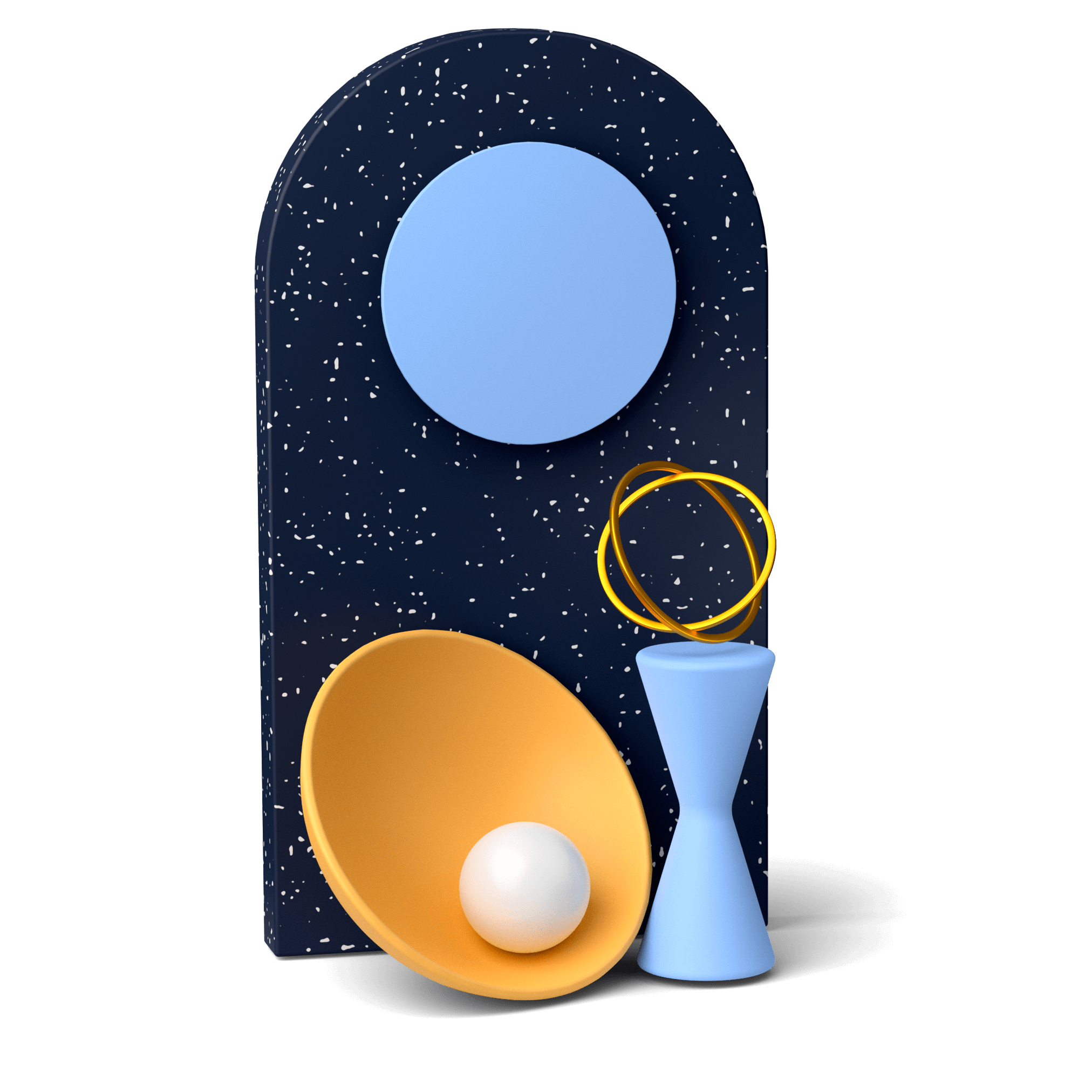 Une composition abstraite avec un fond noir moucheté, un cercle bleu, un bol jaune avec une sphère blanche, une forme de sablier bleu et une boucle en fil jaune, rappelant les subtilités rencontrées dans l'intelligence artificielle.