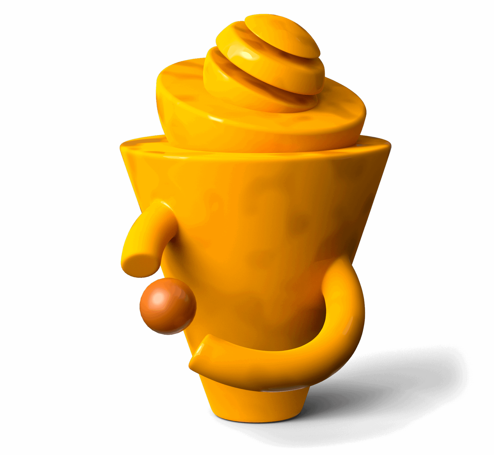 Objet 3D abstrait jaune vif avec des formes incurvées et un dessus en spirale sur fond noir, parfait pour une image de marque moderne.
