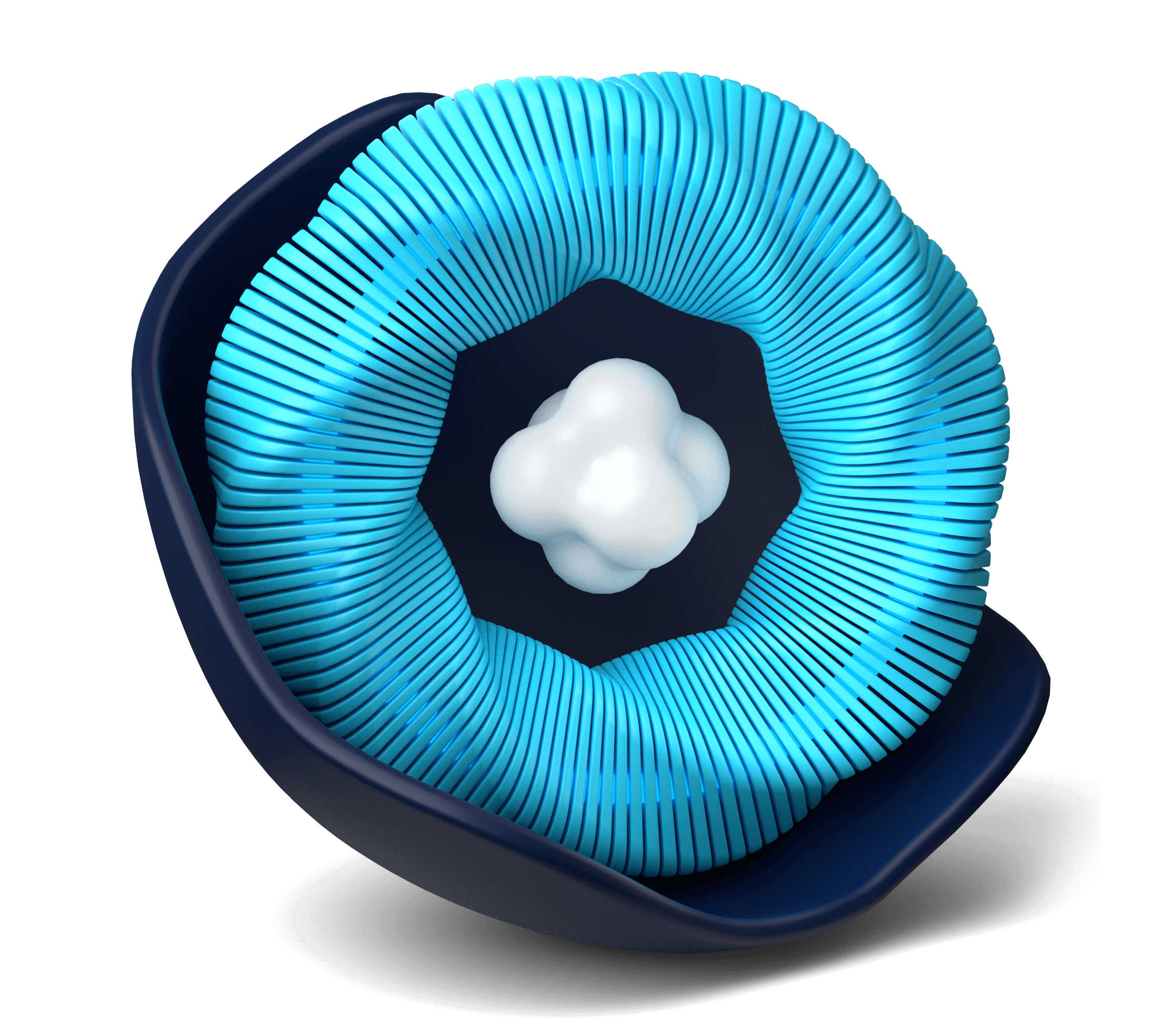 Un modèle 3D abstrait bleu et noir avec une structure centrale en forme de nuage blanc, entourée de crêtes concentriques, incarne la créativité du branding de l'agence digitale.