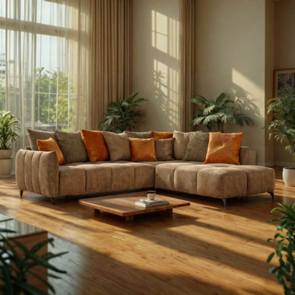 Un canapé sectionnel beige avec des coussins orange et marron se trouve dans un salon ensoleillé avec de grandes fenêtres, du parquet et des plantes d'intérieur vertes, créant une atmosphère invitante parfaite pour réfléchir à de nouvelles stratégies d'agence numérique ou discuter des dernières nouveautés en matière d'intelligence artificielle.