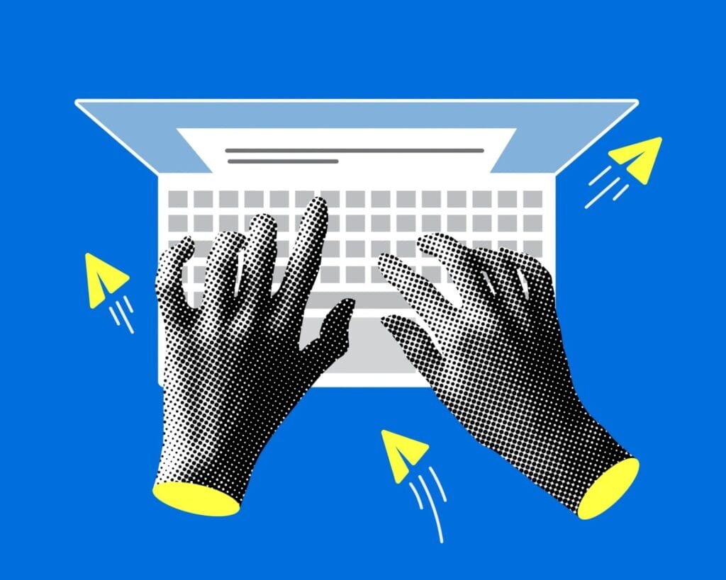 Illustration De Deux Mains Tapant Sur Un Clavier D'ordinateur Portable Avec Des Avions En Papier Jaune Volant Autour, Sur Fond Bleu.